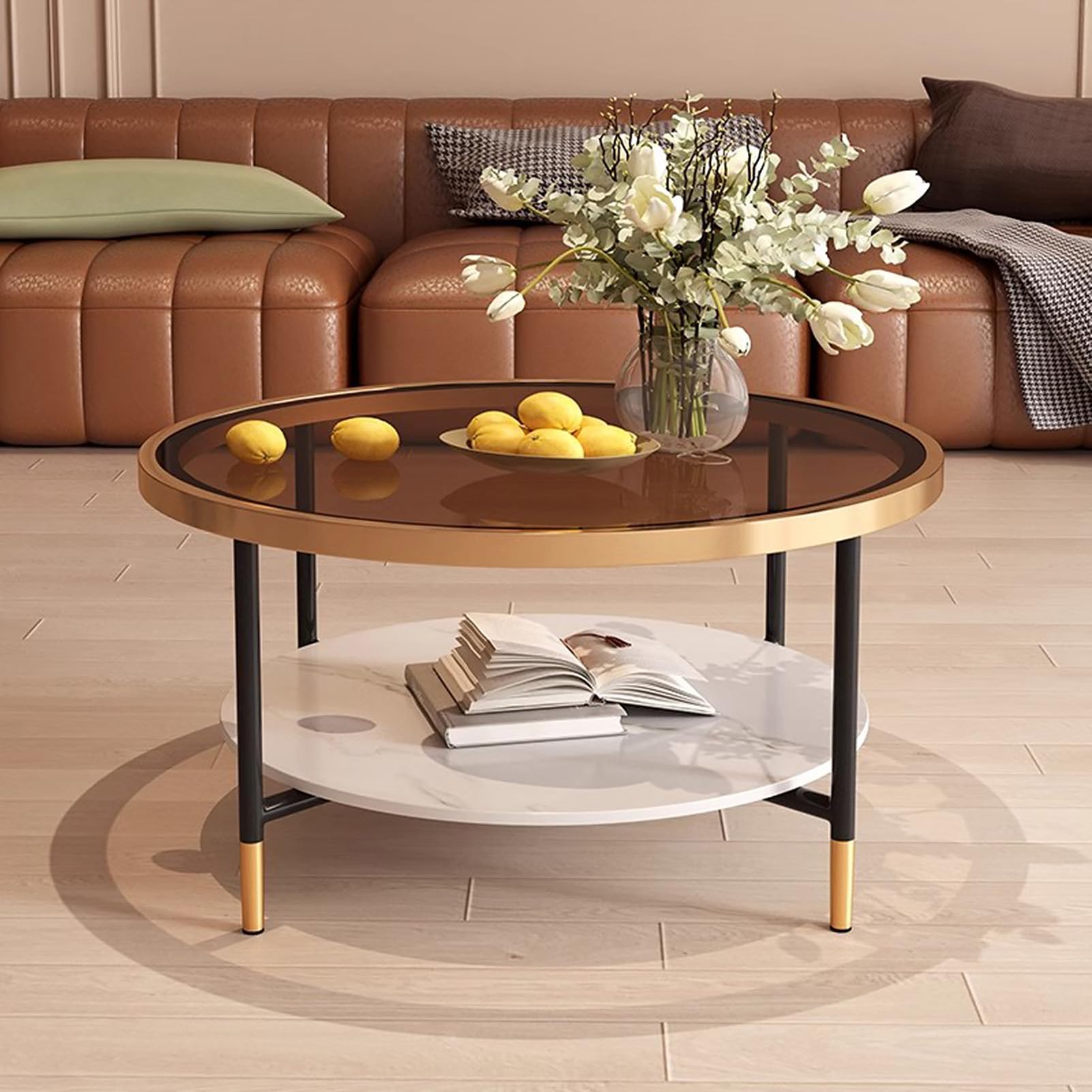 Amazon.co.jp: リビングルーム用ラウンドガラスコーヒーテーブル、頑丈